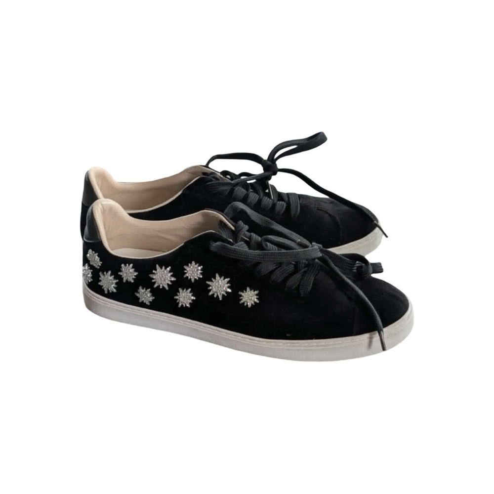 Stuart Weitzman Black Suede Daisy Stud Sneakers Designer Lace Up Shoes 9.5